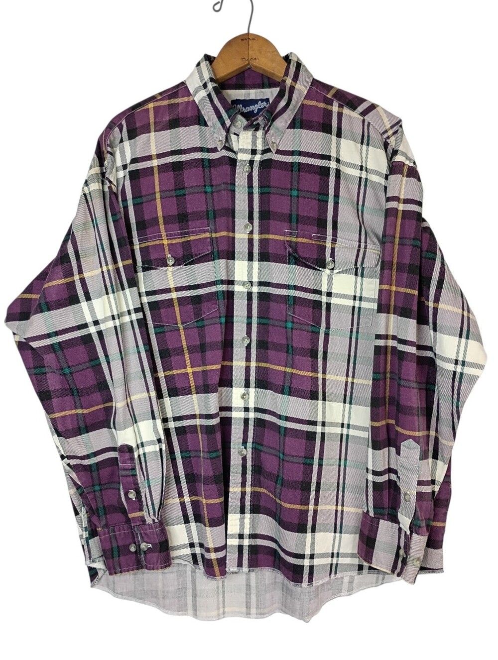 Retro Wrangler Flannel Shirt Men's Sz XXL Purple Plaid Cotton Soft X-Long Tails
